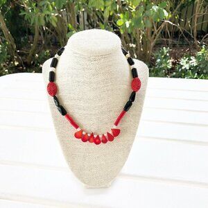 NWT Genuine Red Coral, Cinnabar, Pearl & Black Onyx Beaded Necklace